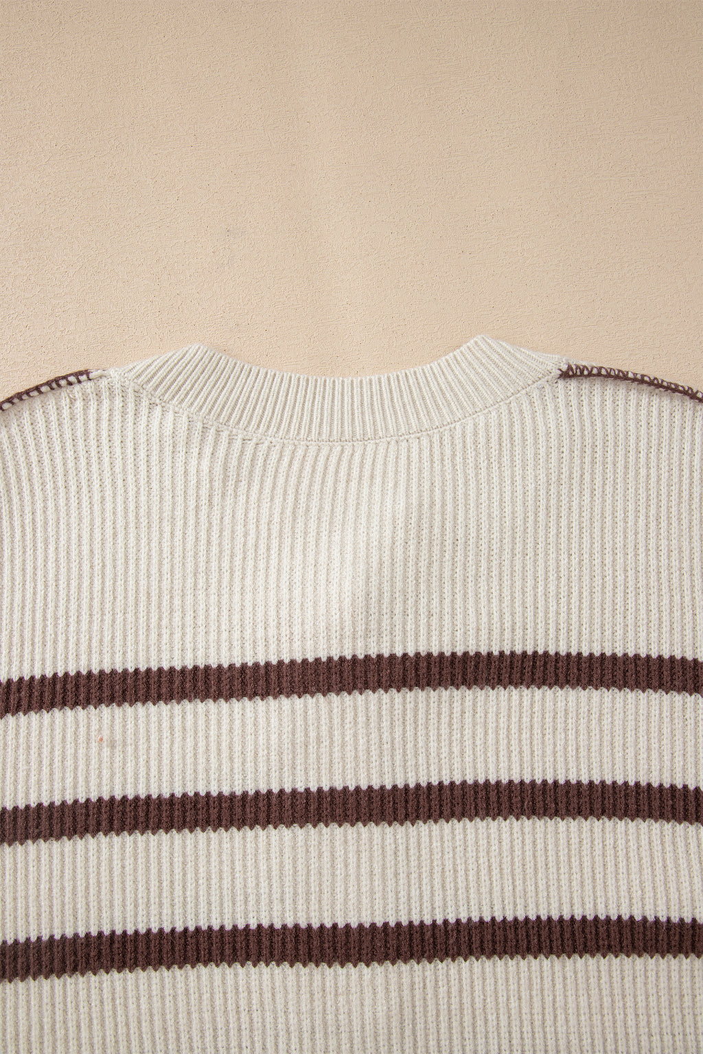 Brown Stripe Ribbed Henley Drop Shoulder Slouchy Sweater