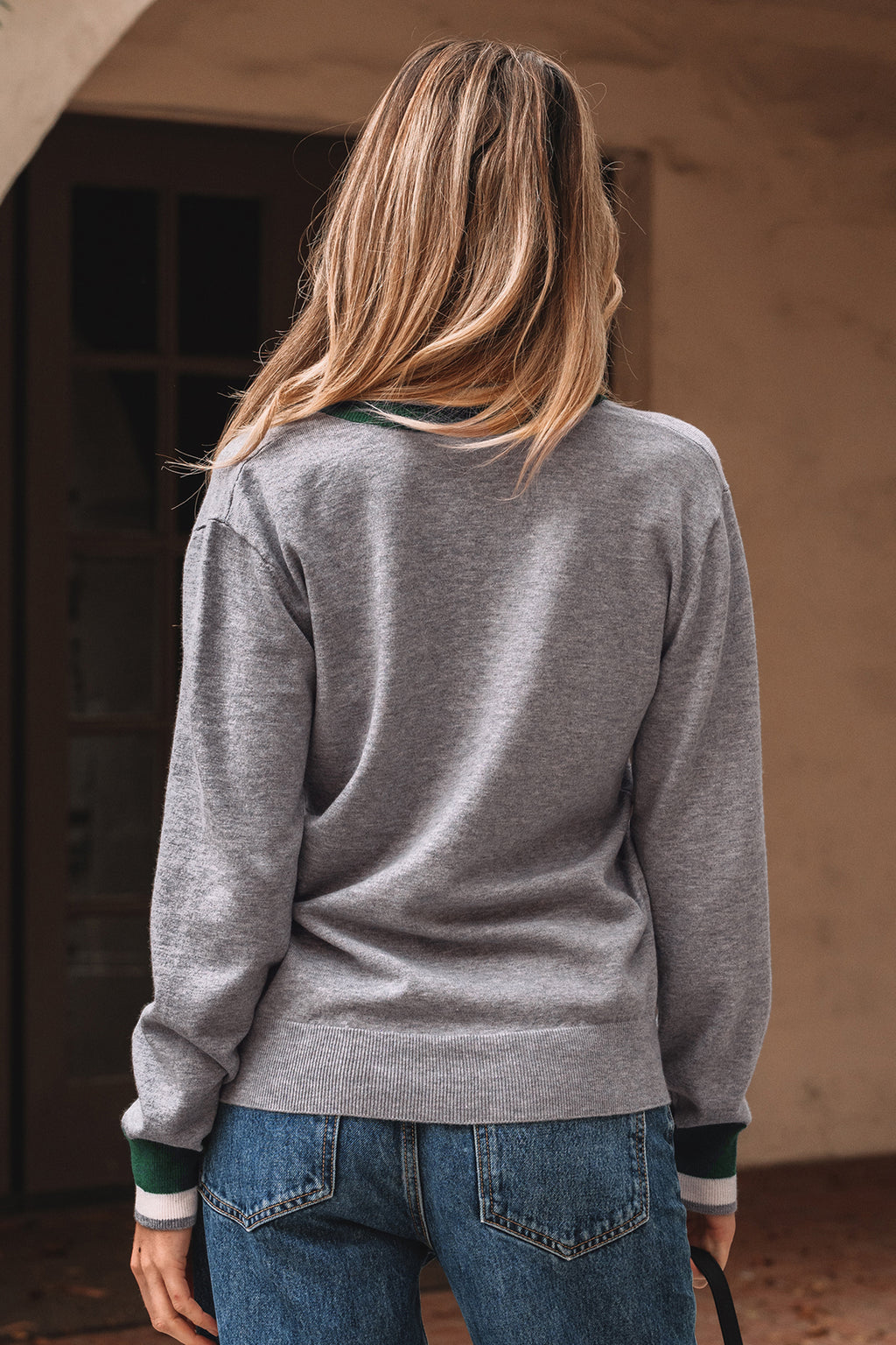 Gray contrast trim v neck varsity sweater