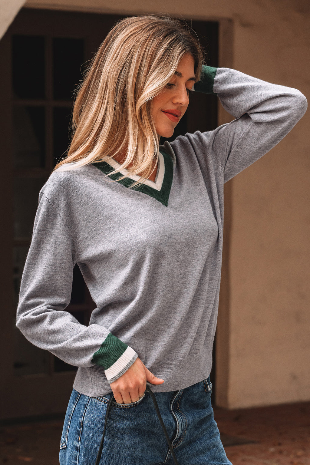 Gray contrast trim v neck varsity sweater