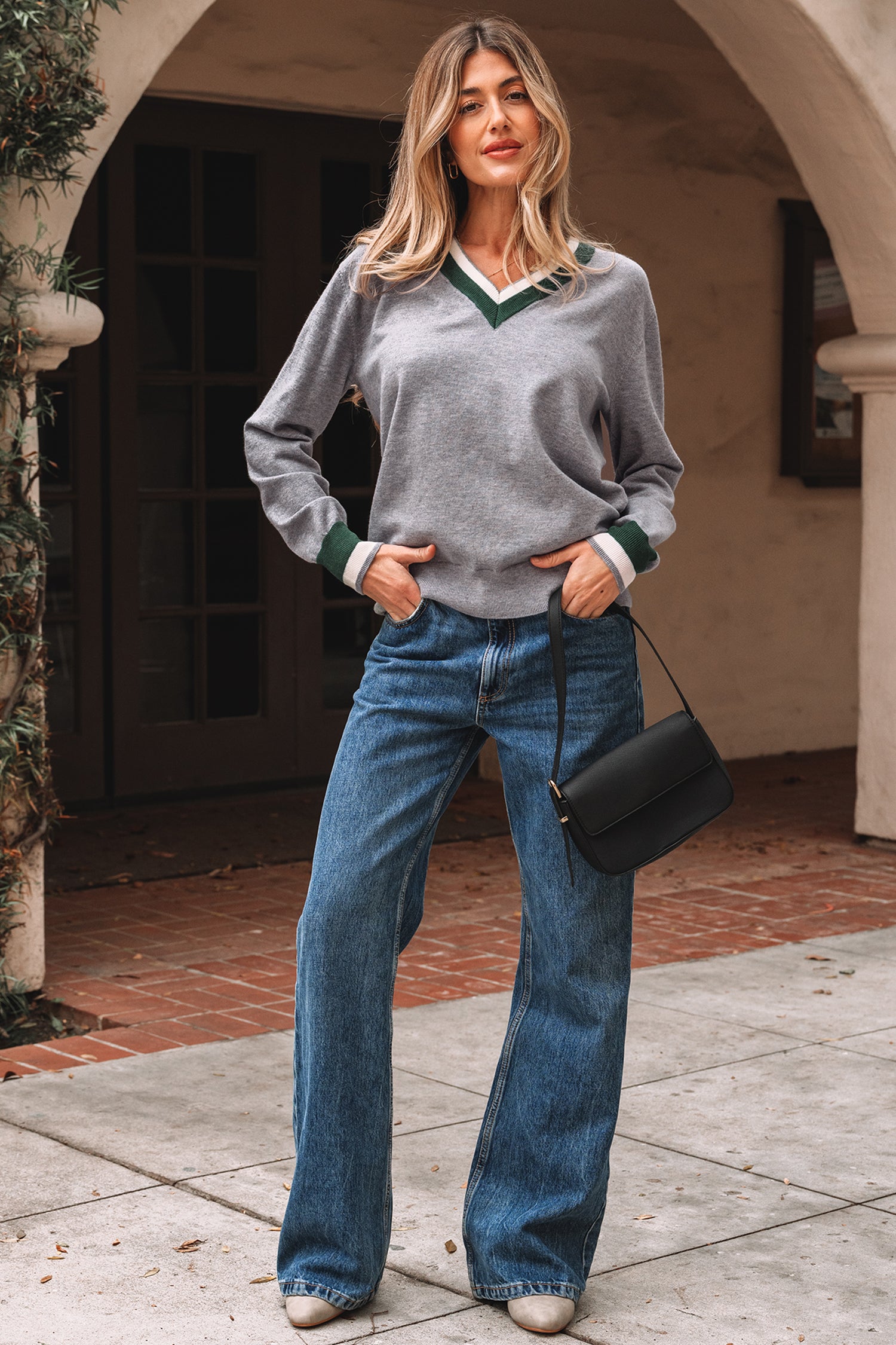 Gray contrast trim v neck varsity sweater