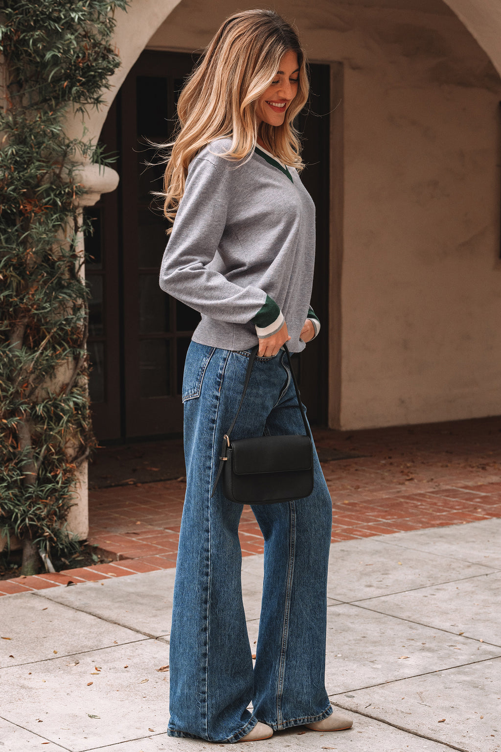 Gray contrast trim v neck varsity sweater