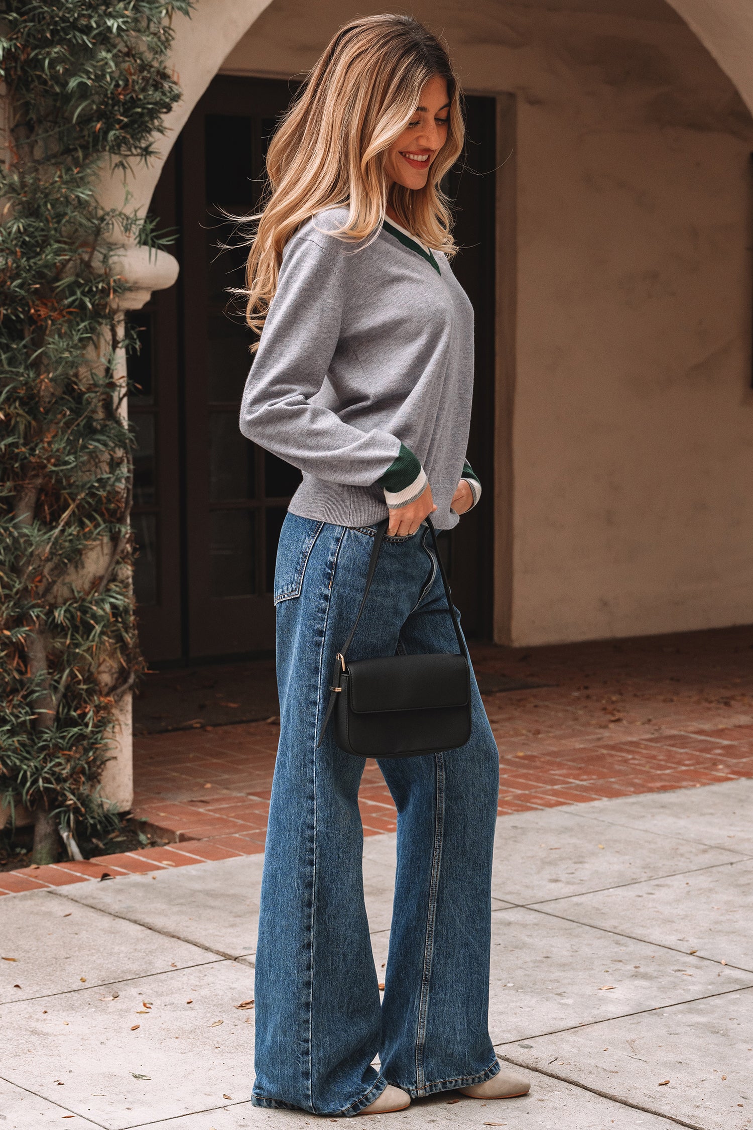 Gray contrast trim v neck varsity sweater