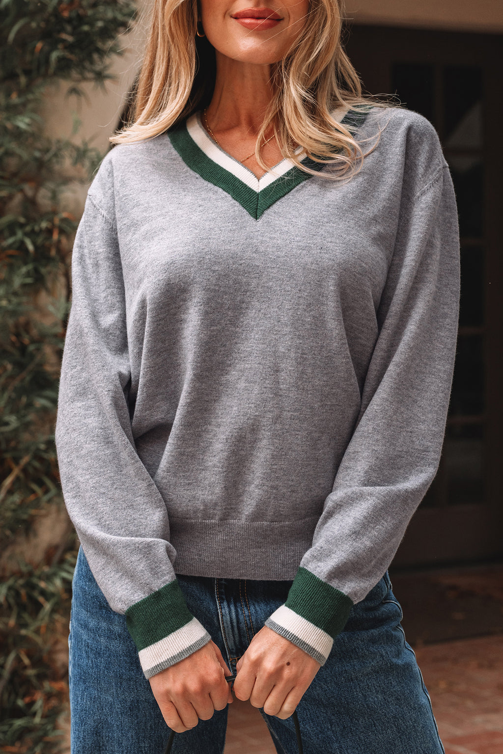 Gray contrast trim v neck varsity sweater