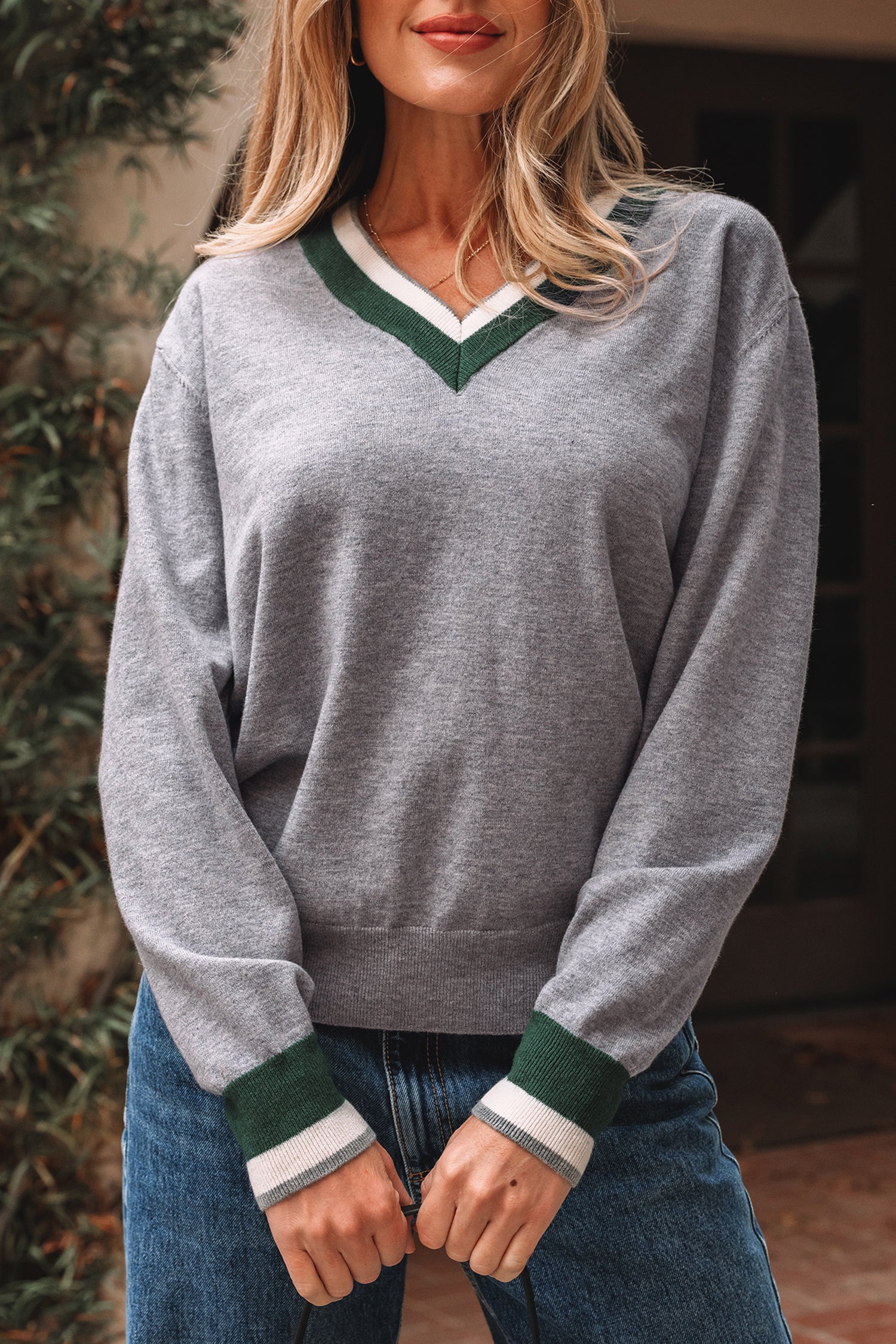 Gray contrast trim v neck varsity sweater