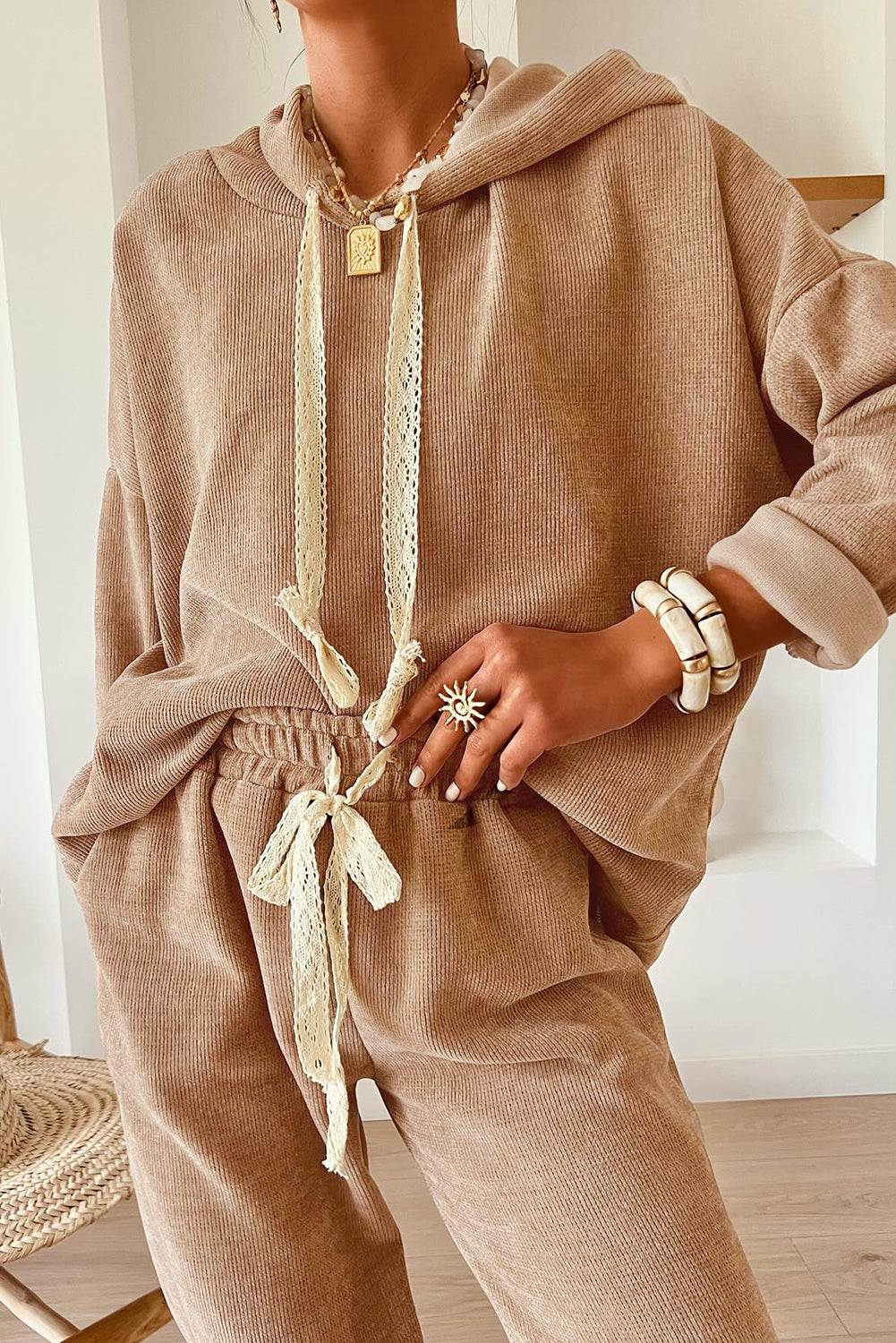 Lace Drawstring pullover Hoodie and Pant Set