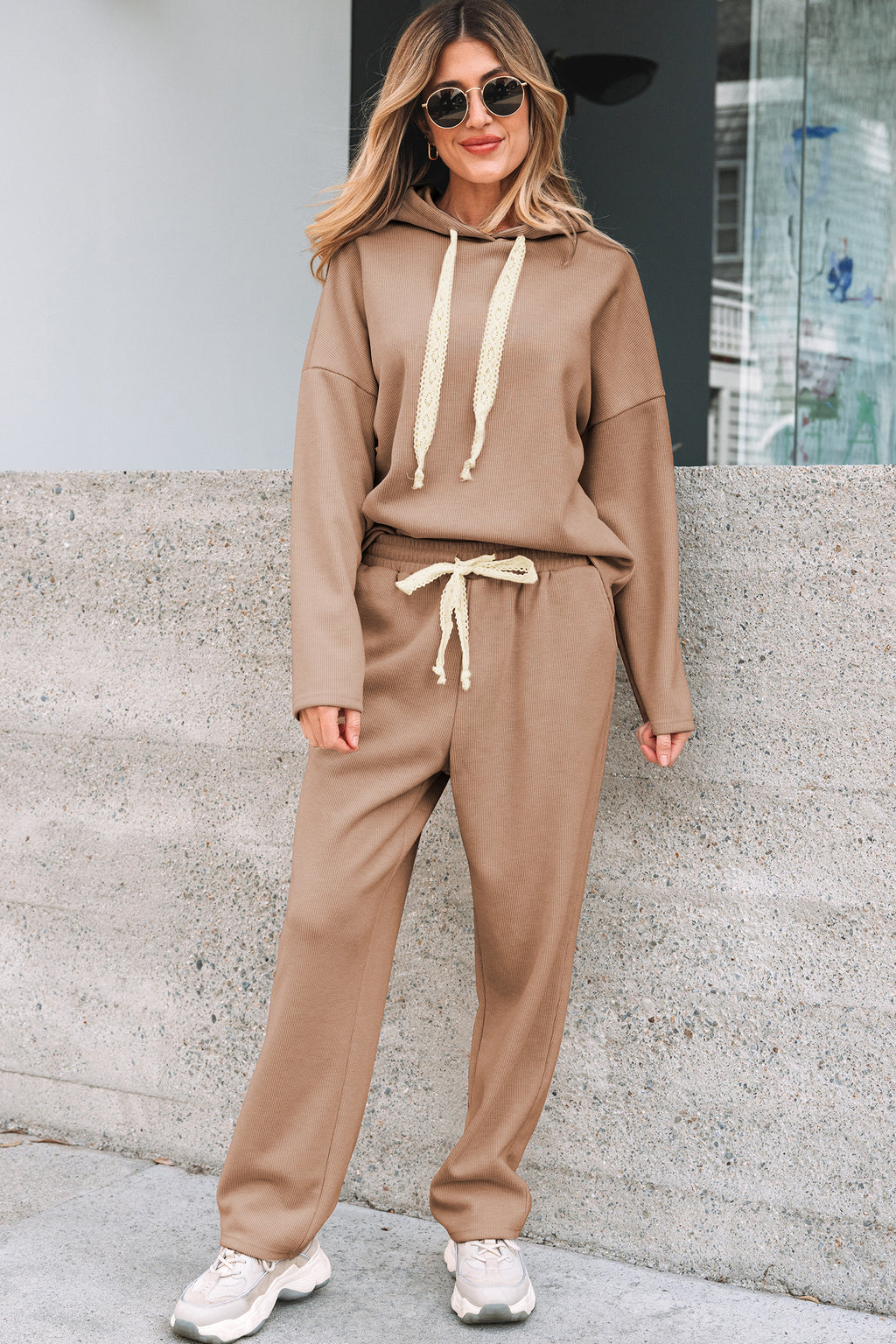 Lace Drawstring pullover Hoodie and Pant Set