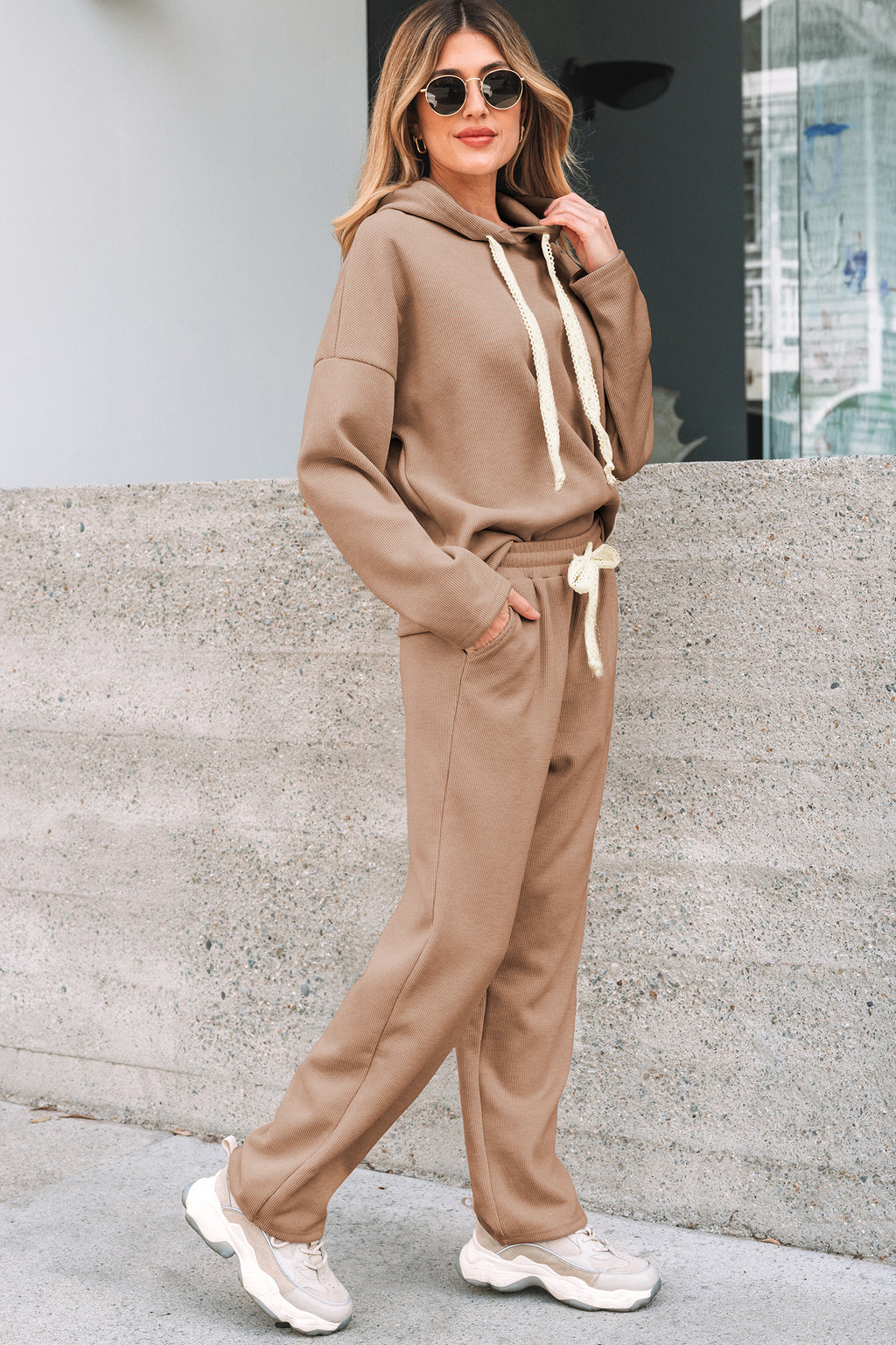 Lace Drawstring pullover Hoodie and Pant Set