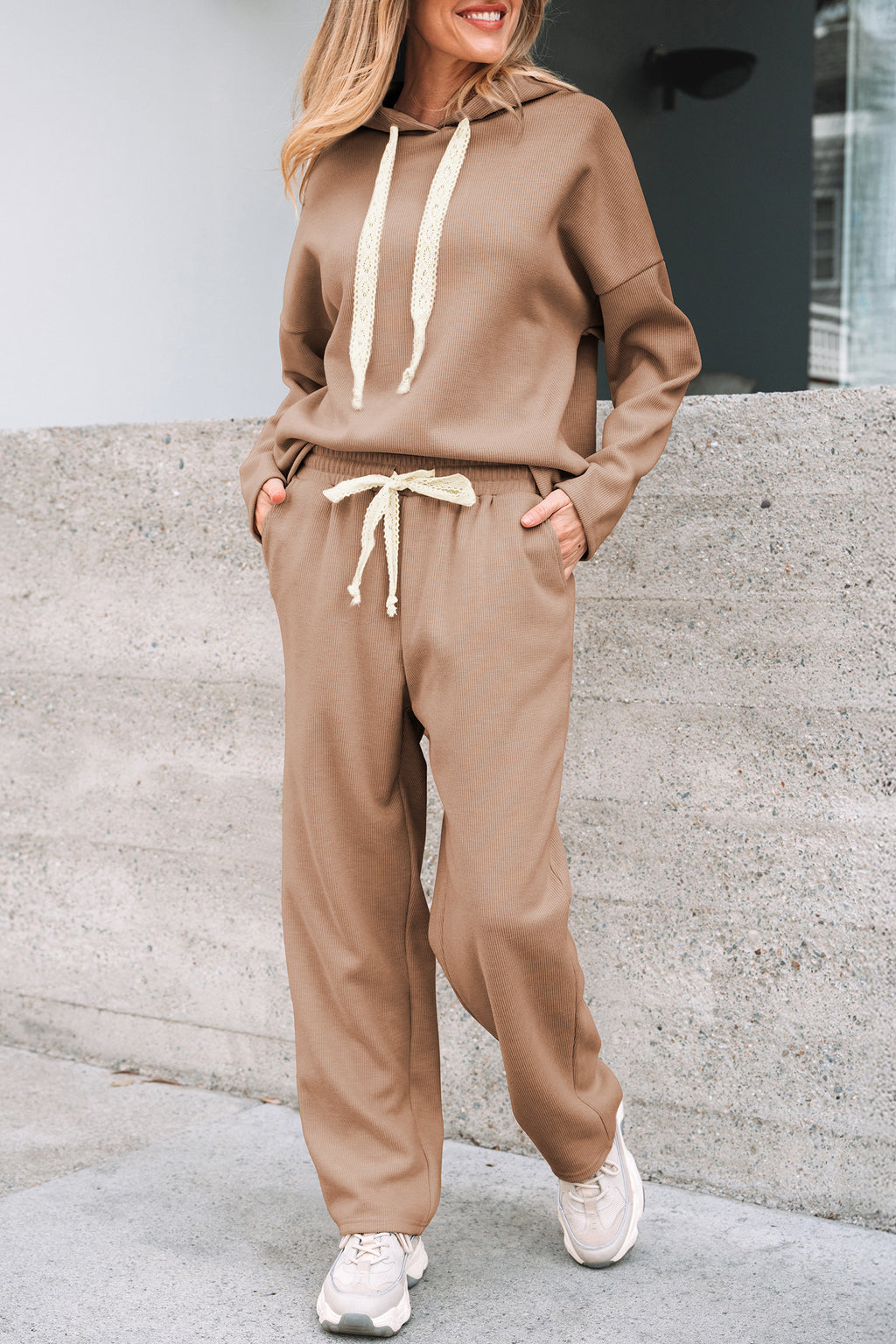 Lace Drawstring pullover Hoodie and Pant Set