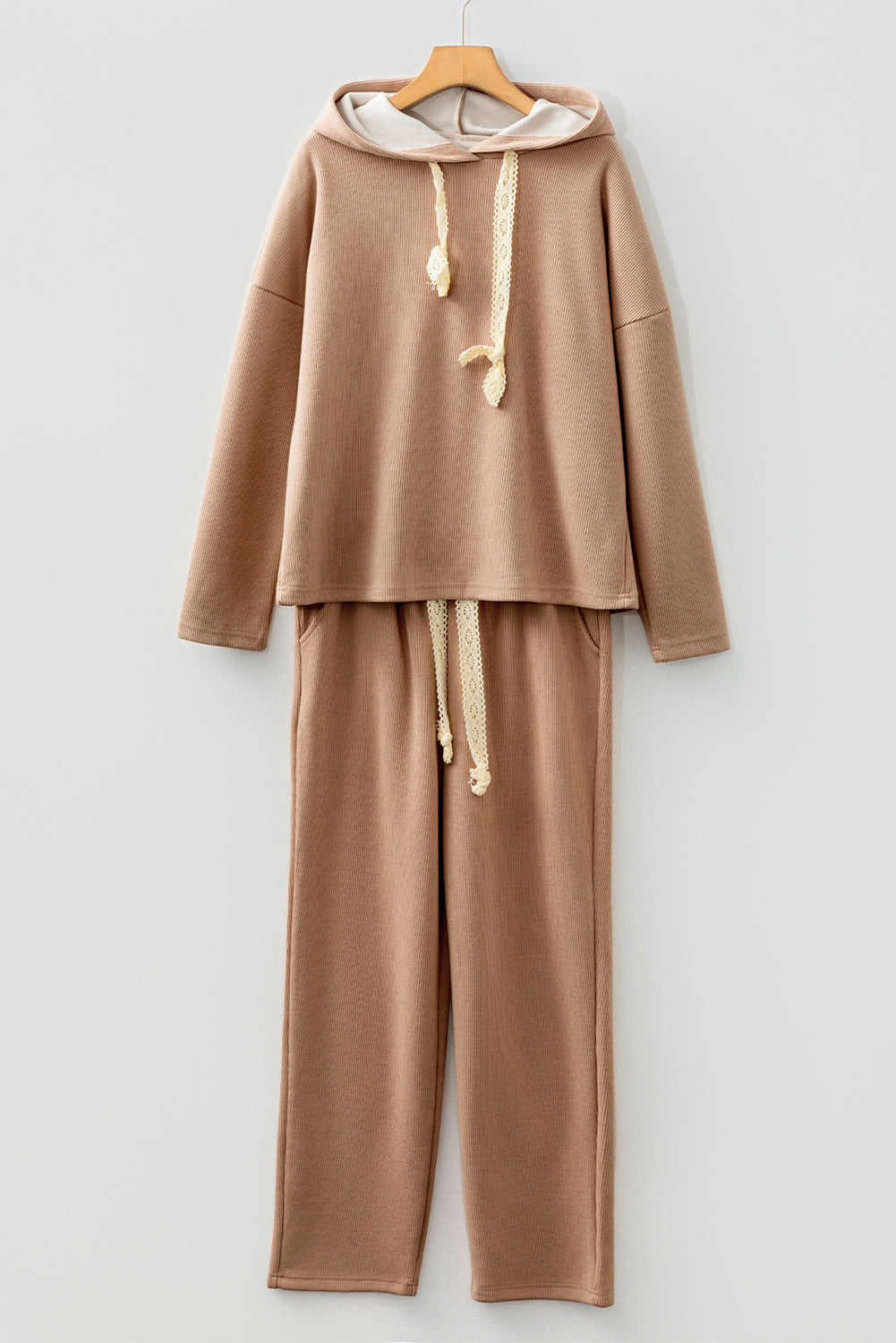Lace Drawstring pullover Hoodie and Pant Set