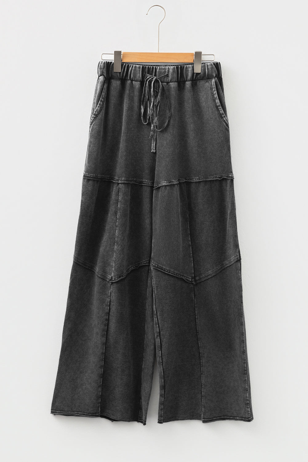 Black Mineral Washed Tiered Wide Leg Drawstring Pants
