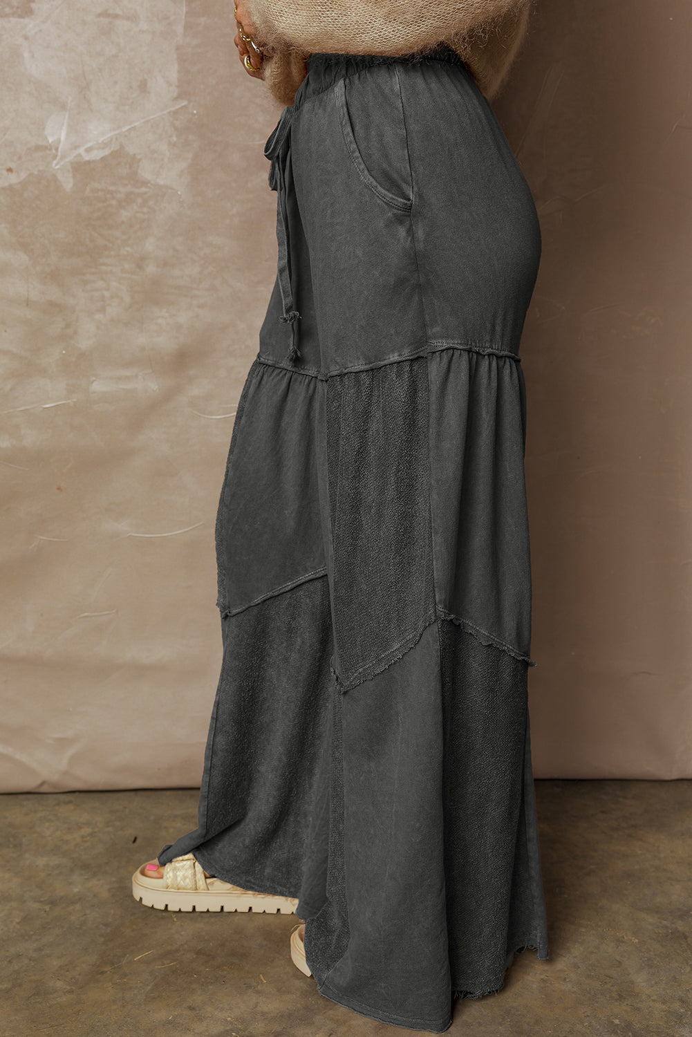 Black Mineral Washed Tiered Wide Leg Drawstring Pants