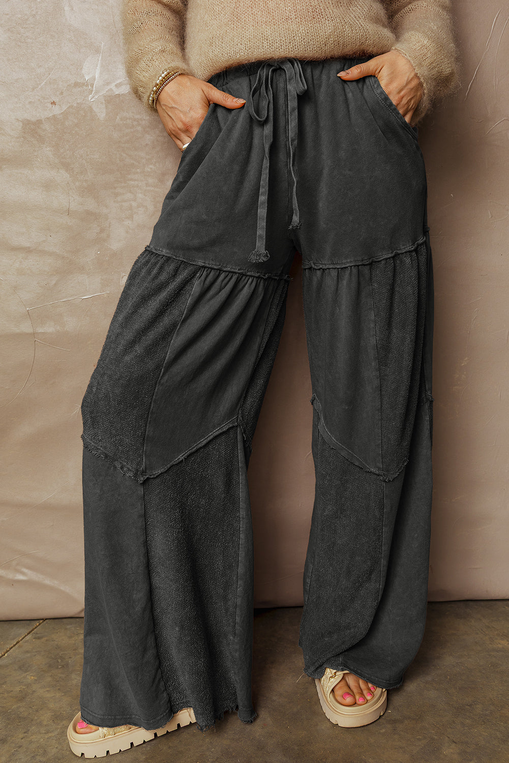 Black Mineral Washed Tiered Wide Leg Drawstring Pants