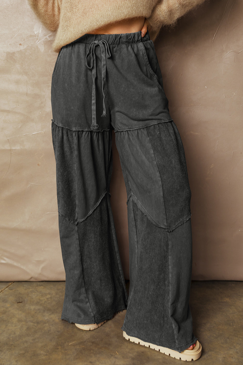 Black Mineral Washed Tiered Wide Leg Drawstring Pants