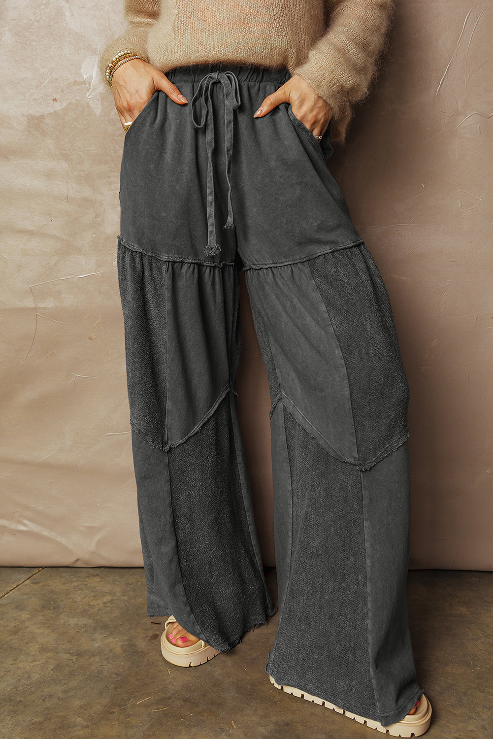 Black Mineral Washed Tiered Wide Leg Drawstring Pants