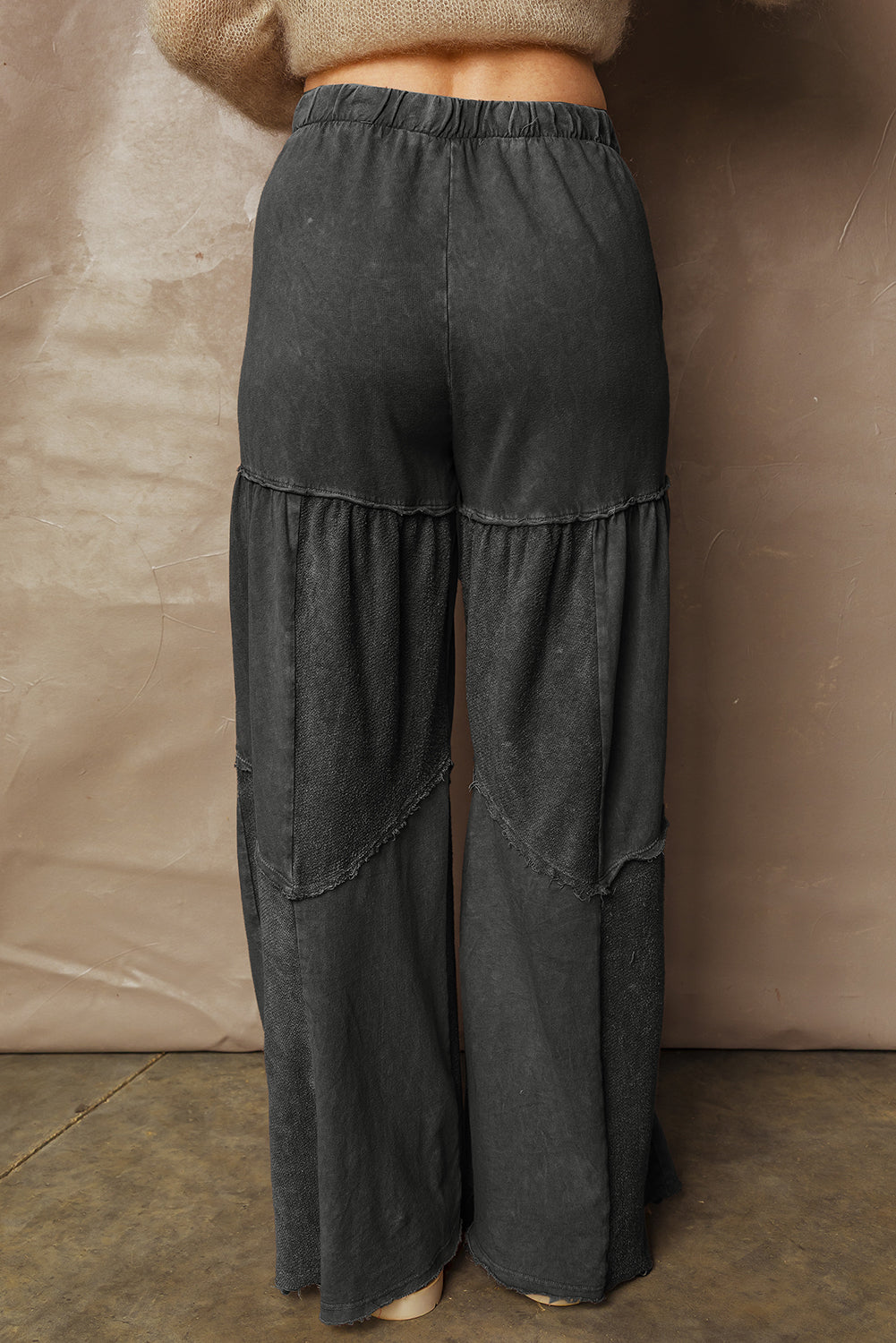 Black Mineral Washed Tiered Wide Leg Drawstring Pants