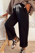 Black Fleece Lined Leopard Drawstring Pants