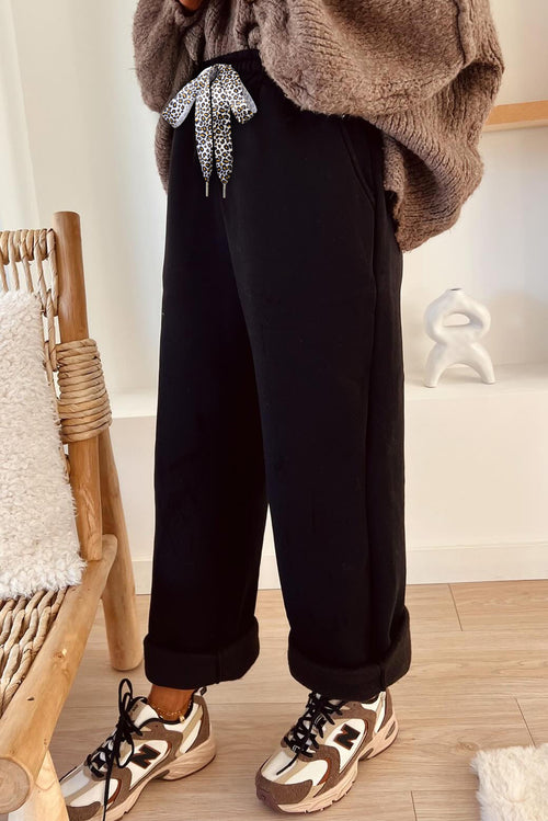 Black Fleece Lined Leopard Drawstring Pants