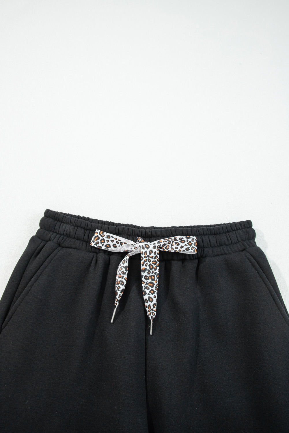 Black Fleece Lined Leopard Drawstring Pants