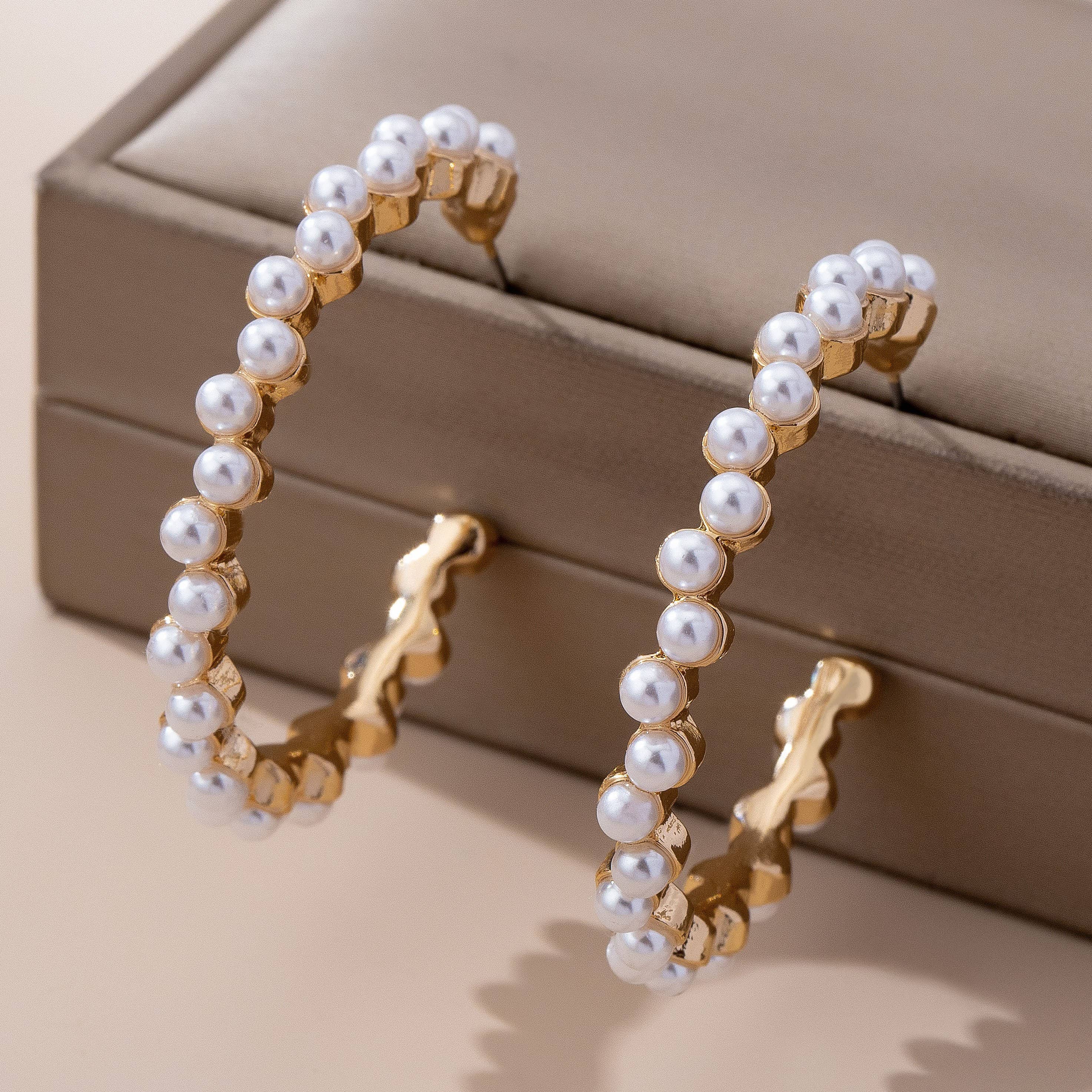 Pearl-Embellished Gold Hoop Earrings | 80E61635