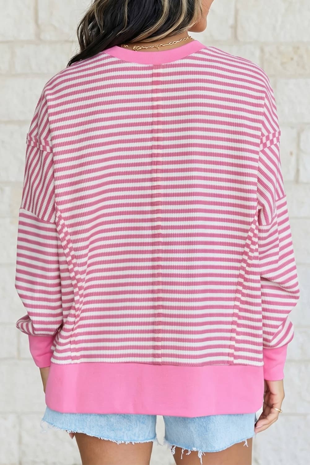 Stripe Contrast Trim Long Sleeve Split Hem Pullover Top
