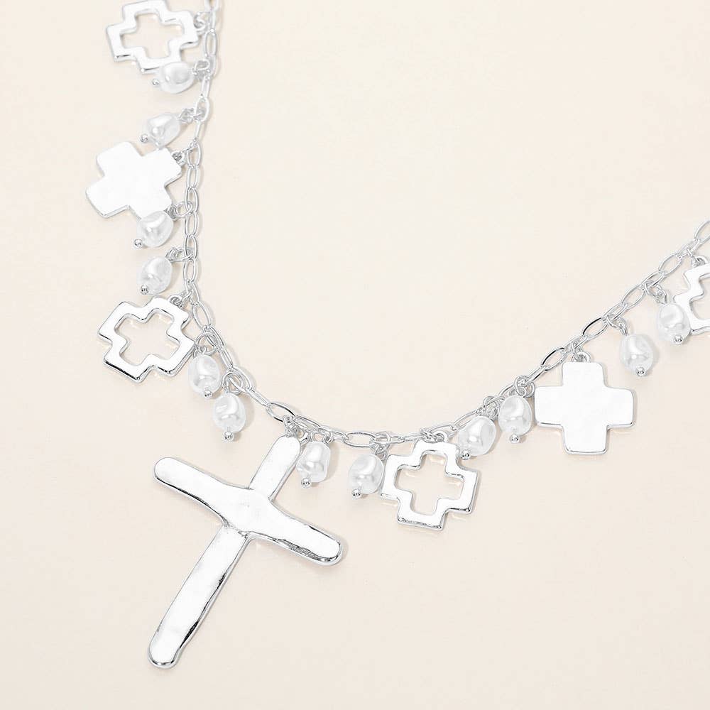 Hammered Metal Cross Pearl Charm Embellished Necklace
