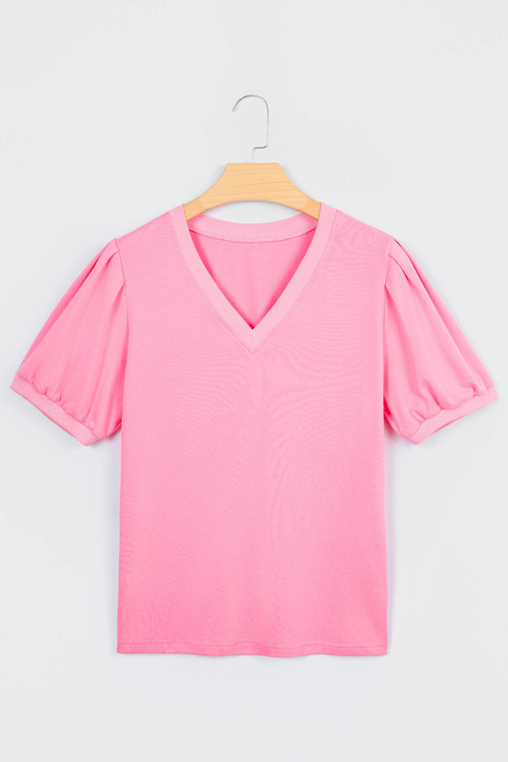 Plus Size Solid Color V Neck Short Puff Sleeve Blouse (S-4X)