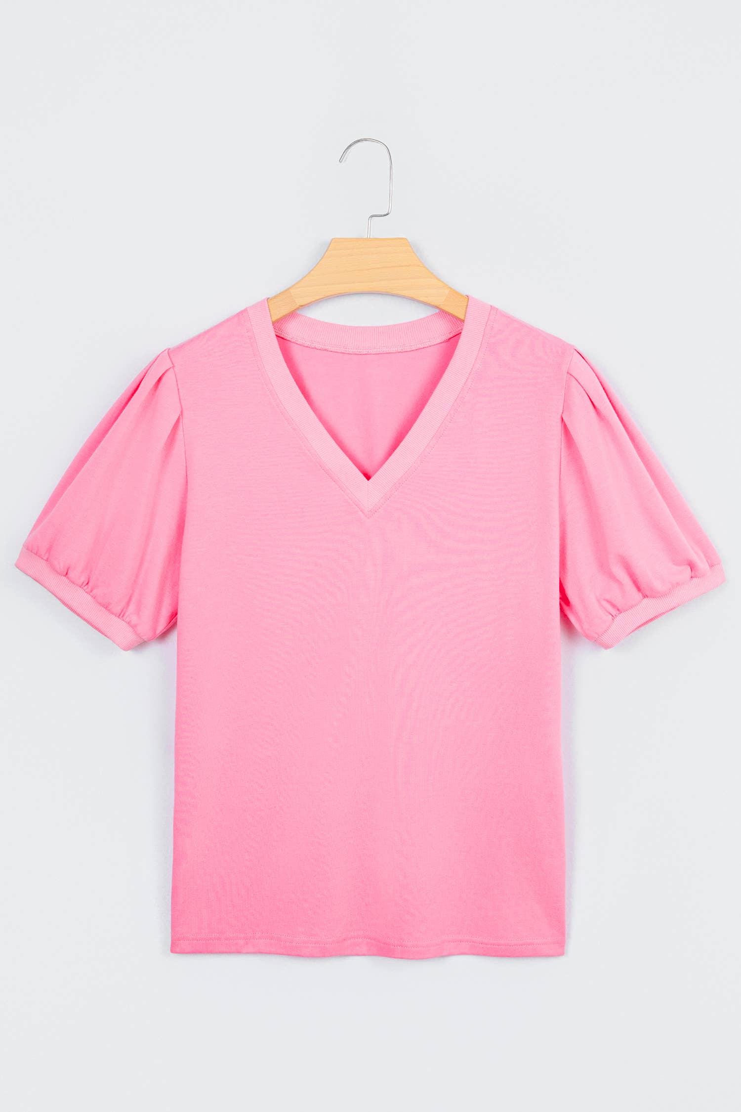 Plus Size Solid Color V Neck Short Puff Sleeve Blouse (S-4X)
