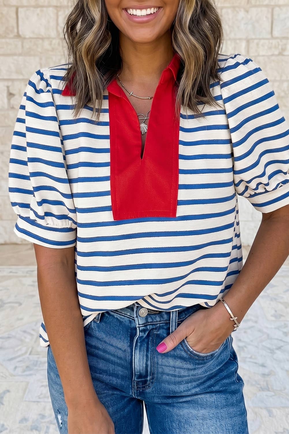 Short Puff Sleeve Color Block Polo Collar Blouse
