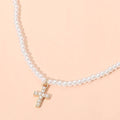 Cross Charm Pendant Pearl Beaded Choker Necklace