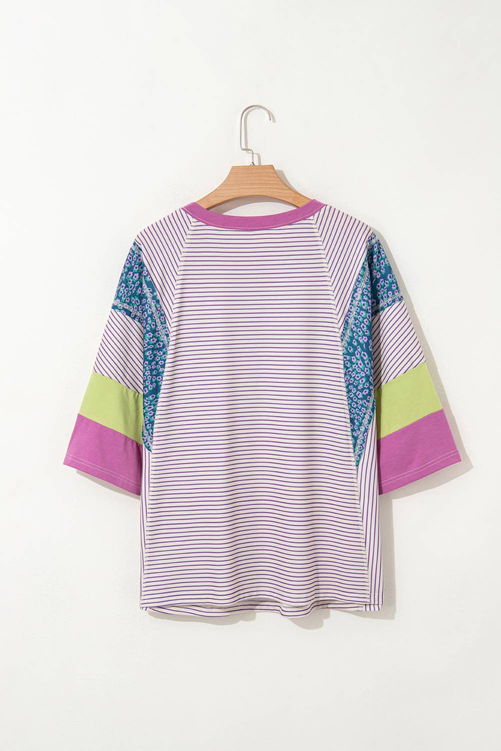 Stripe Floral Raw Edge Patchwork Bracelet Sleeve Top | S-XL