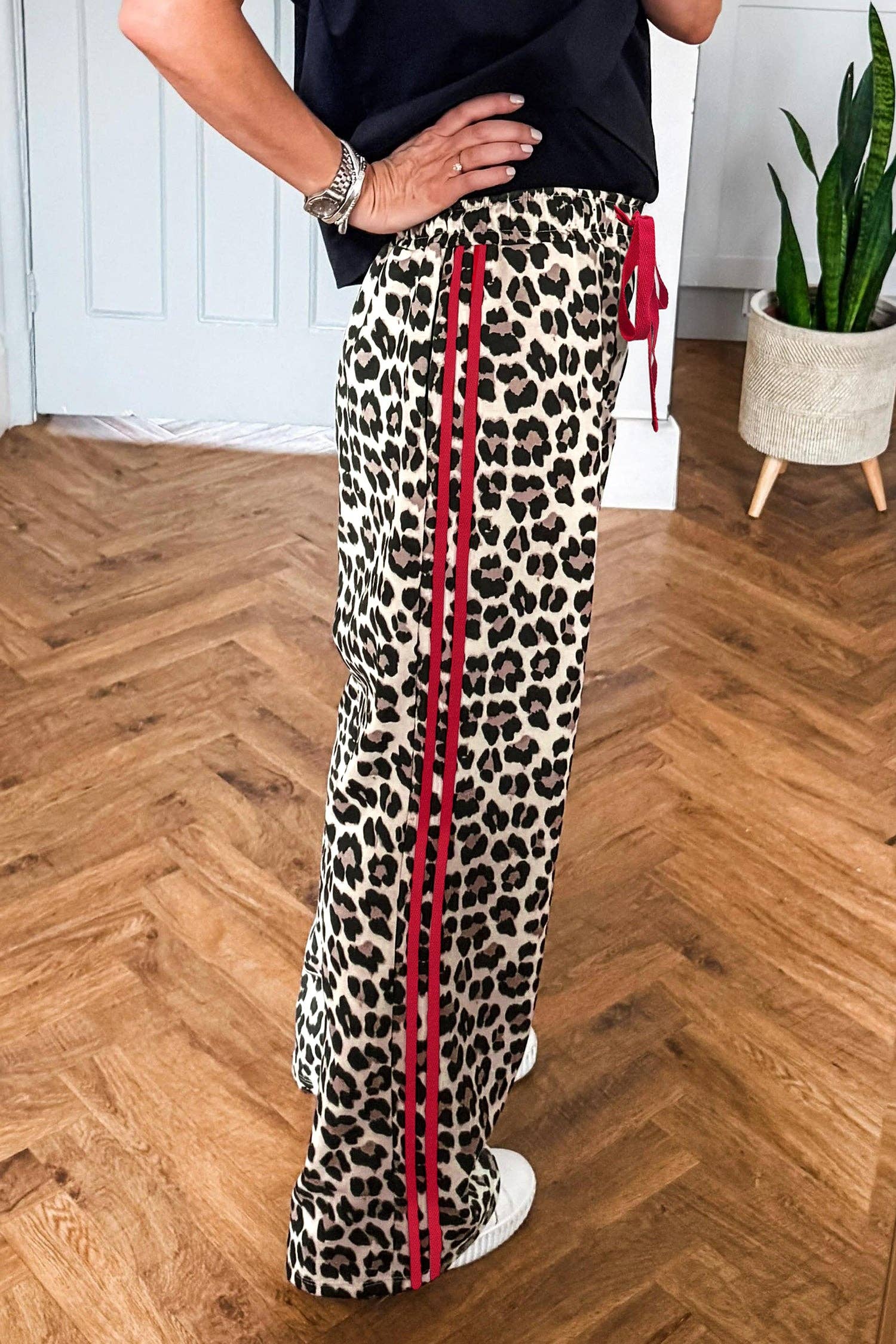 Rose Side Stripe Leopard Wide leg Trousers