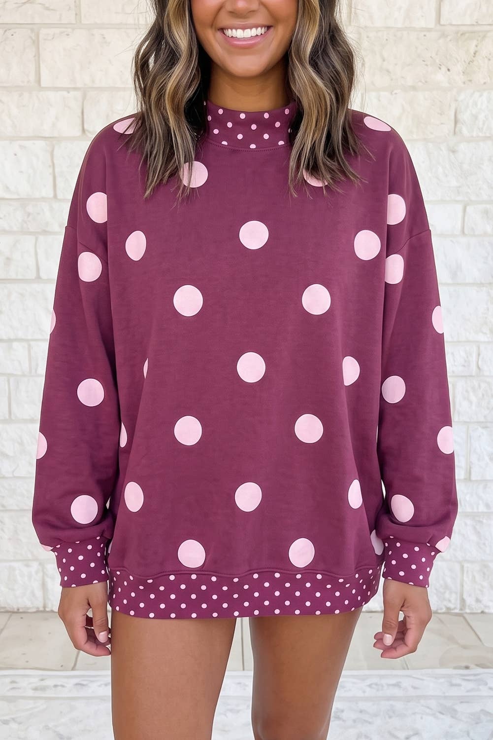 Polka Dot Print Contrast Detail Tunic Mock Neck Sweatshirt