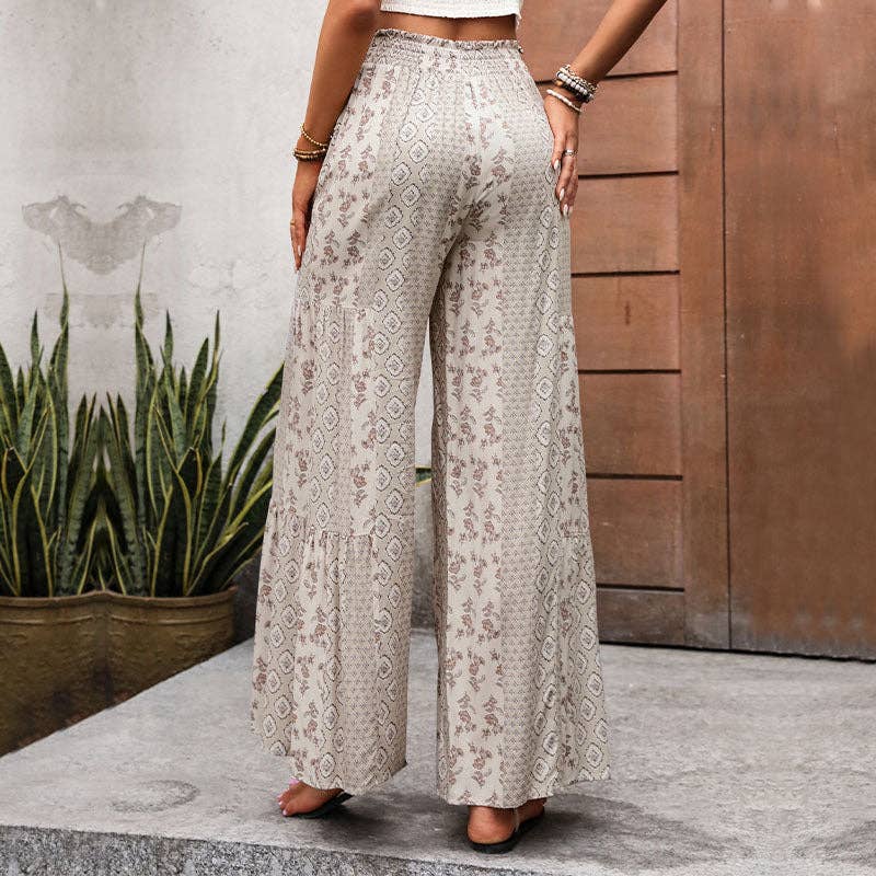 Printed Rayon Pants Boho Tie Waist Wide Leg