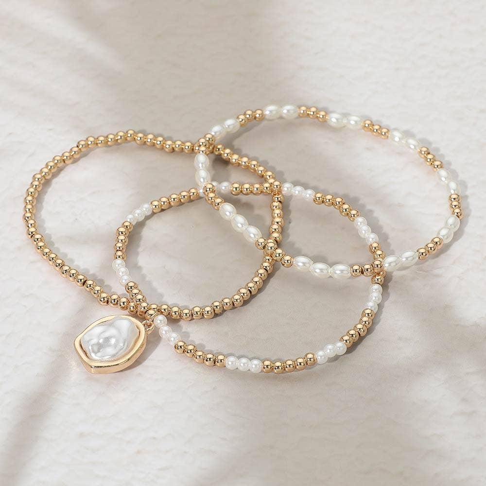 3PCS - Pearl Charm Beaded Stretch Multi Layered Bracelets