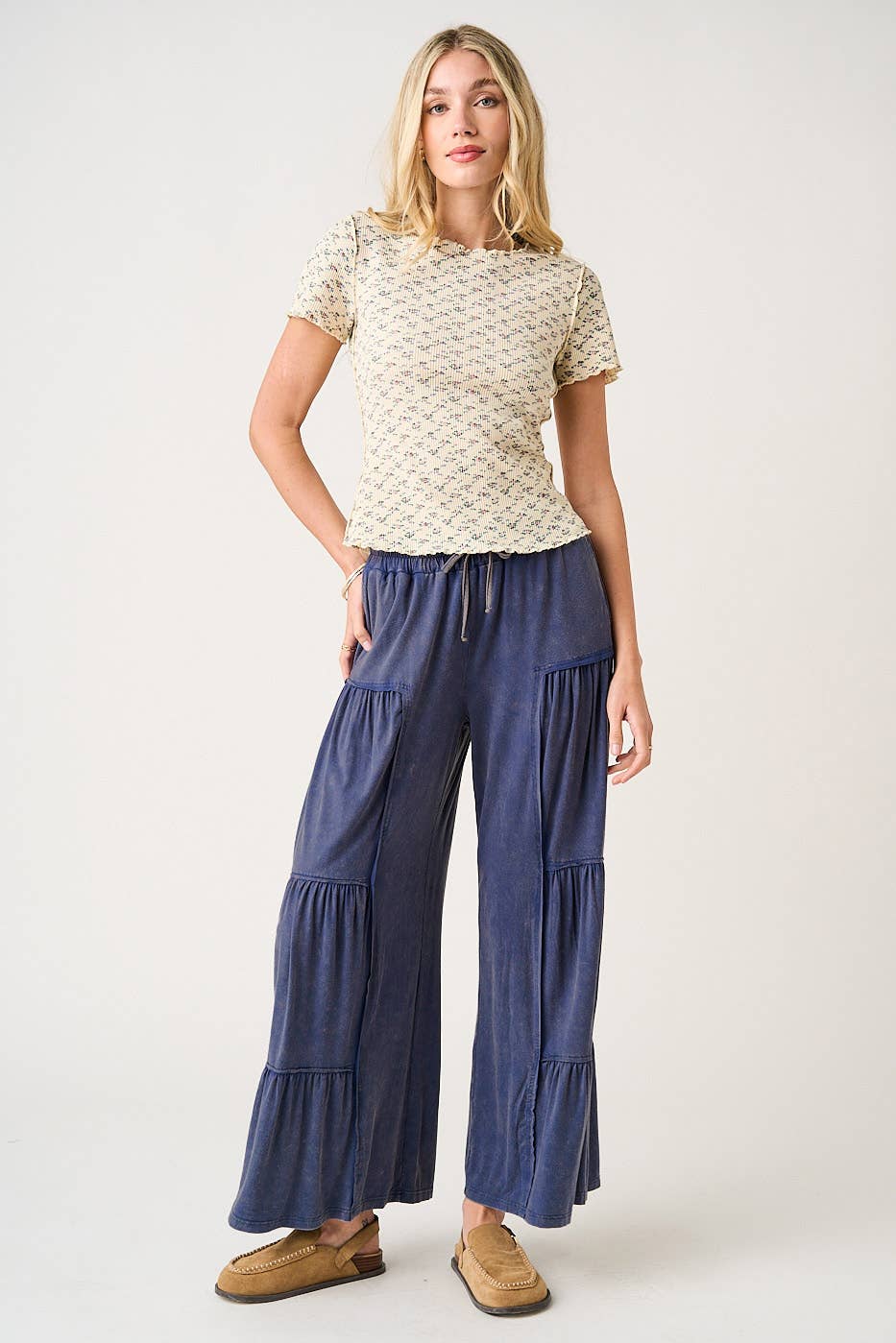 MINERAL WASH TIERED WIDE LEG ELASTIC WAIST PANTS