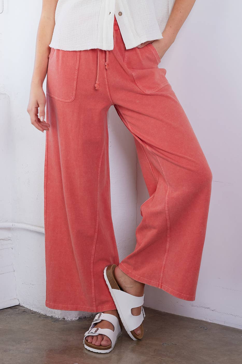 MINERAL WASH FRENCH TERRY WIDE LEG PANTS