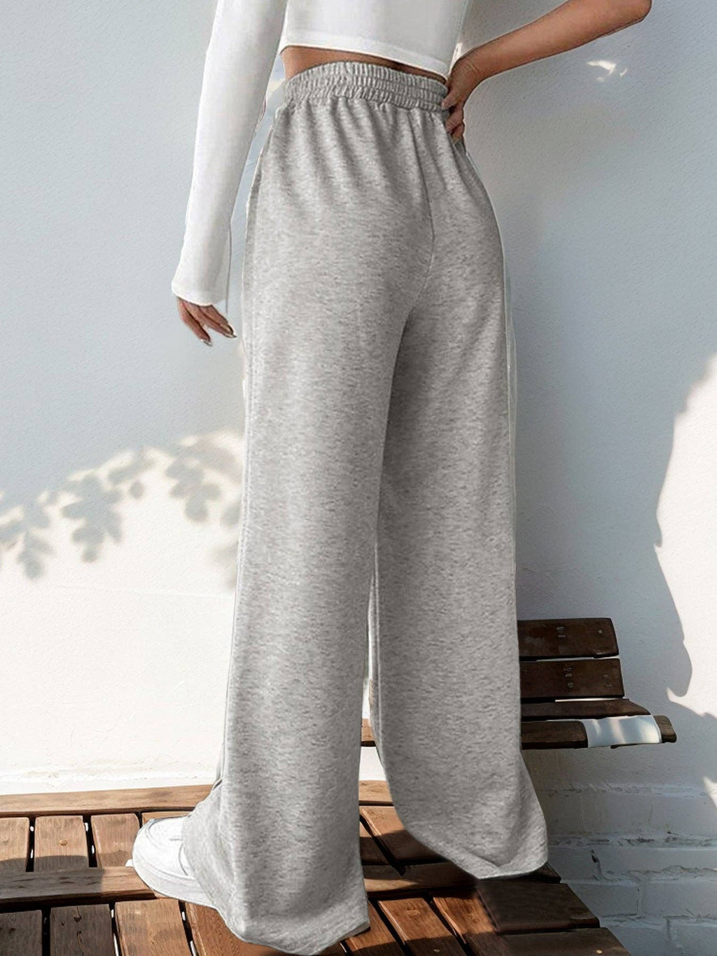 Solid Knit Wide Leg Pants High Waist Athleisure
