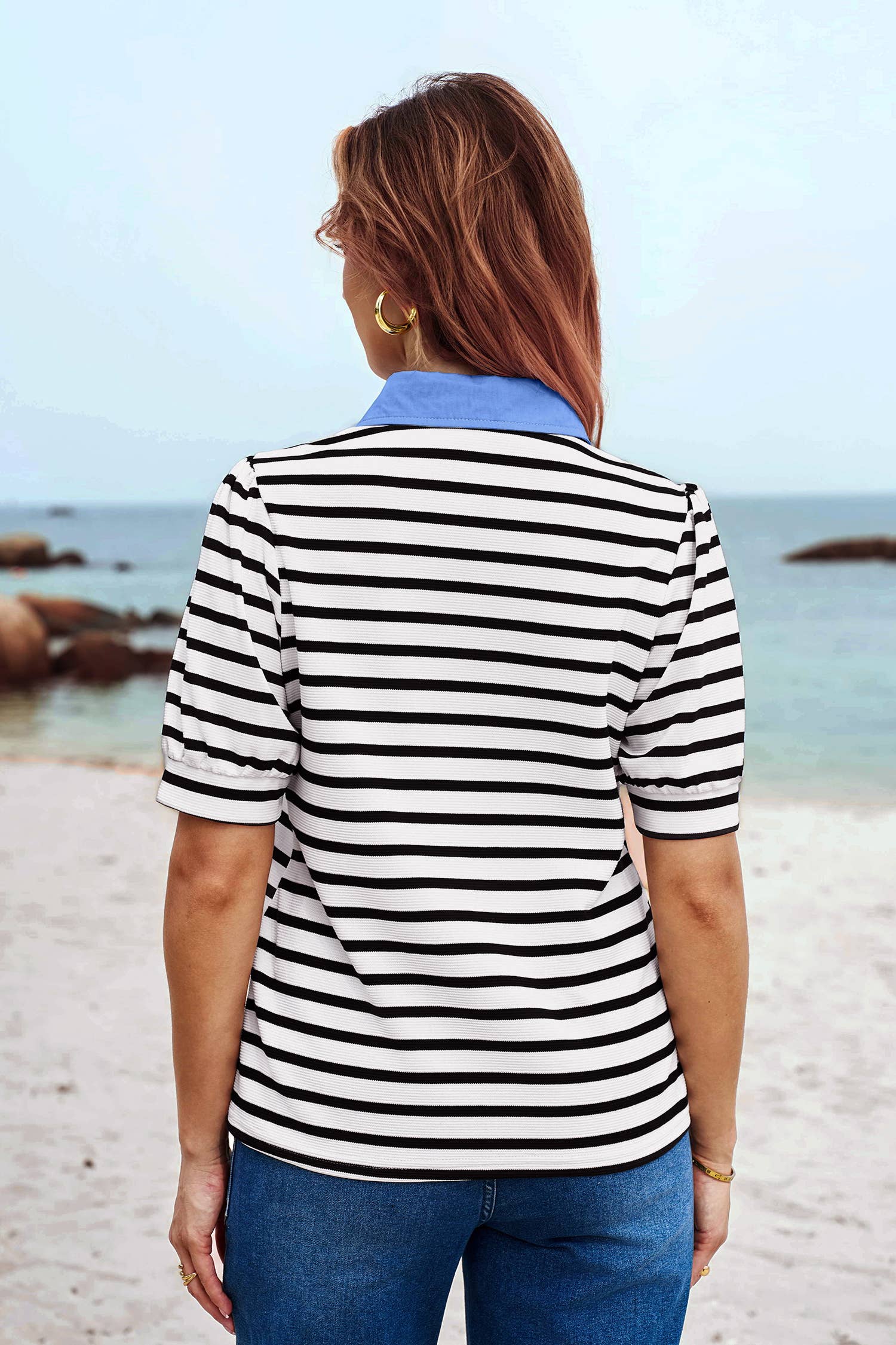 Short Puff Sleeve Color Block Polo Collar Blouse