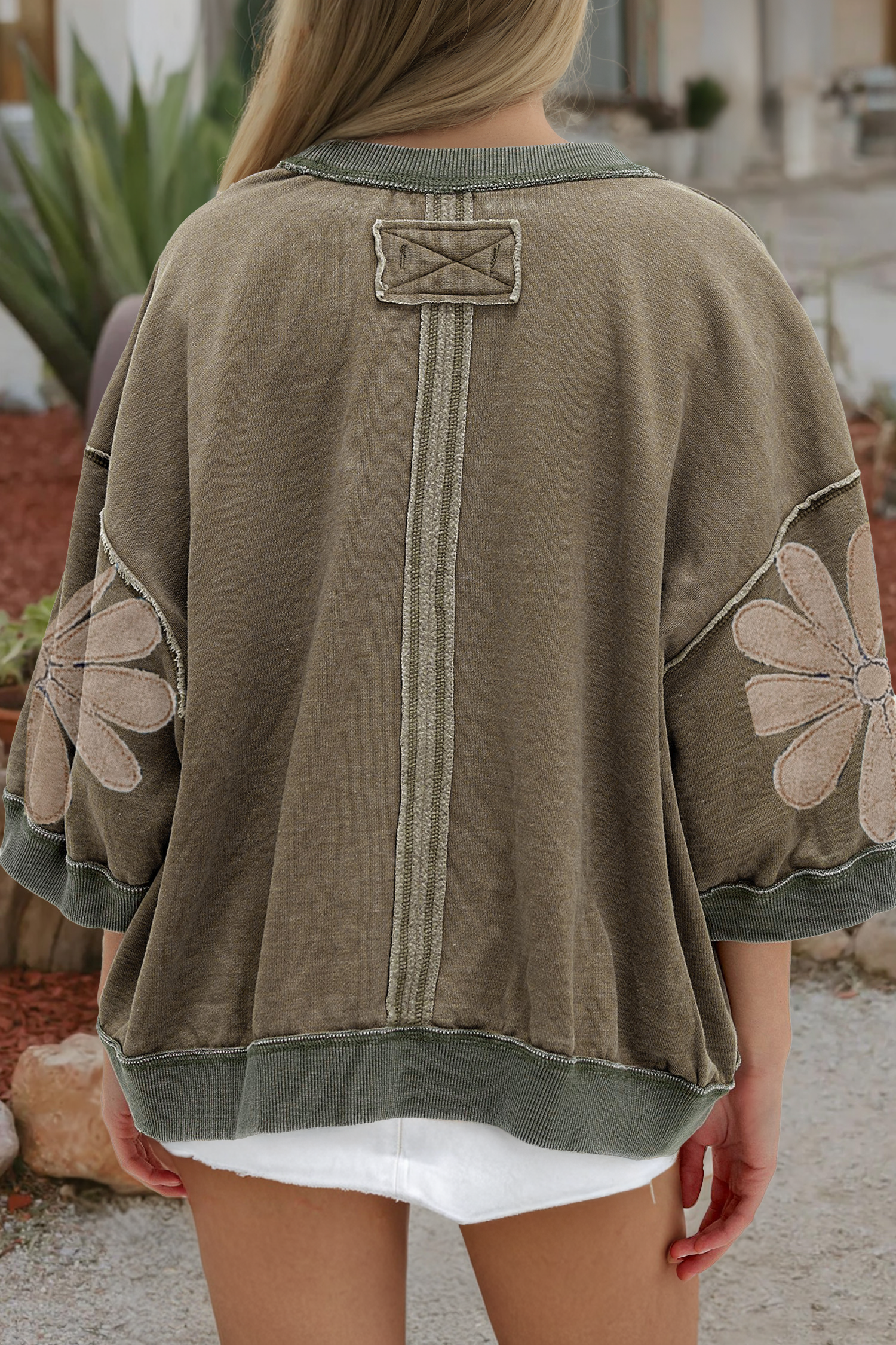 F/W Western Mineral Wash Raw Seam Patchwork 3/4 Sleeve Top