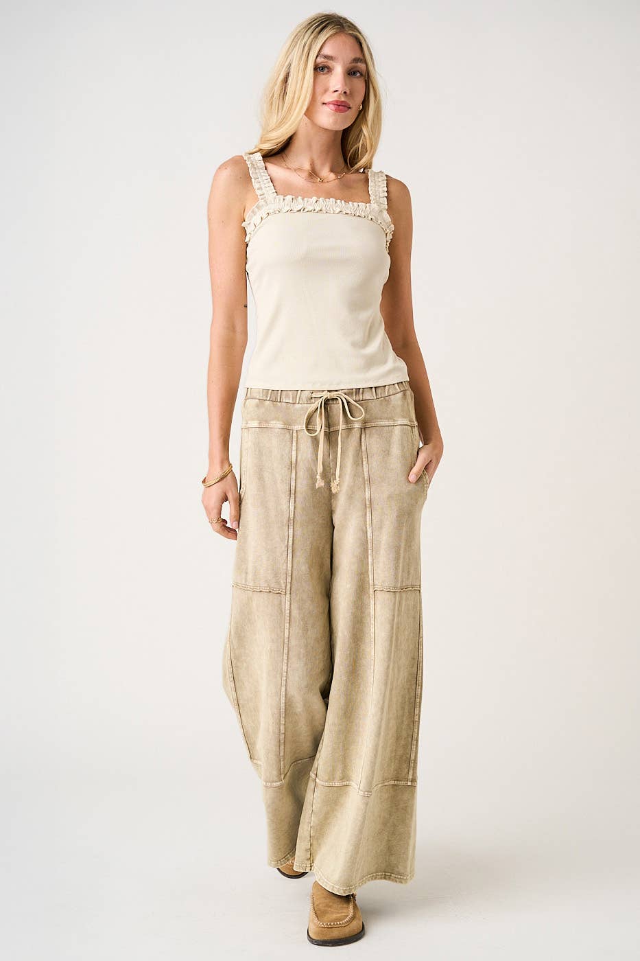 MINERAL WASH SEAM DETAIL WIDE LEG PANTS