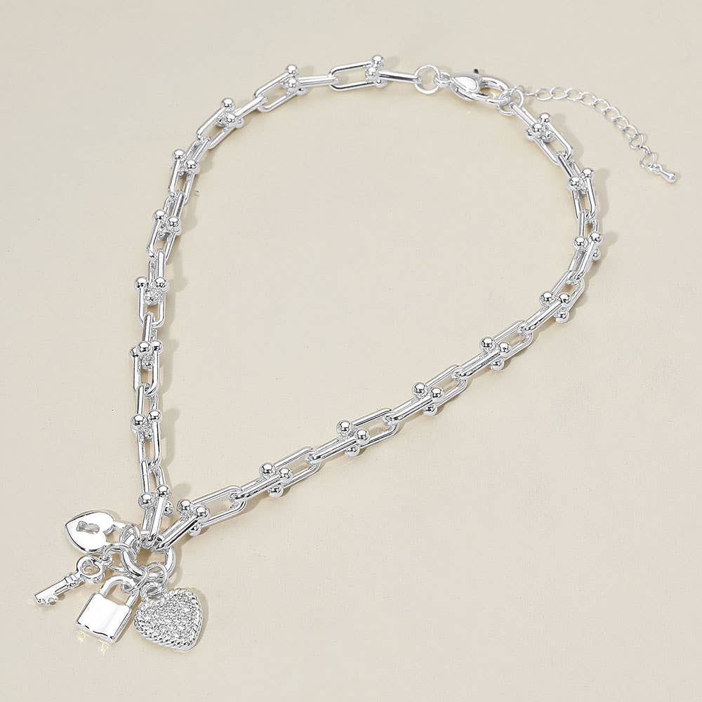 14K Gold Plated CZ Stone Paved Heart Key Lock Charm Industrial Link Chain Necklace