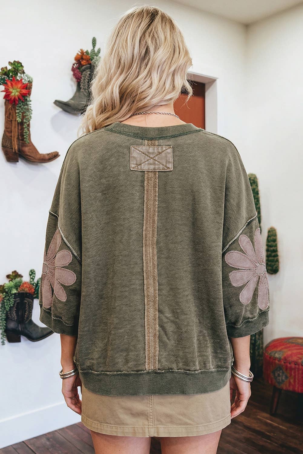 F/W Western Mineral Wash Raw Seam Patchwork 3/4 Sleeve Top