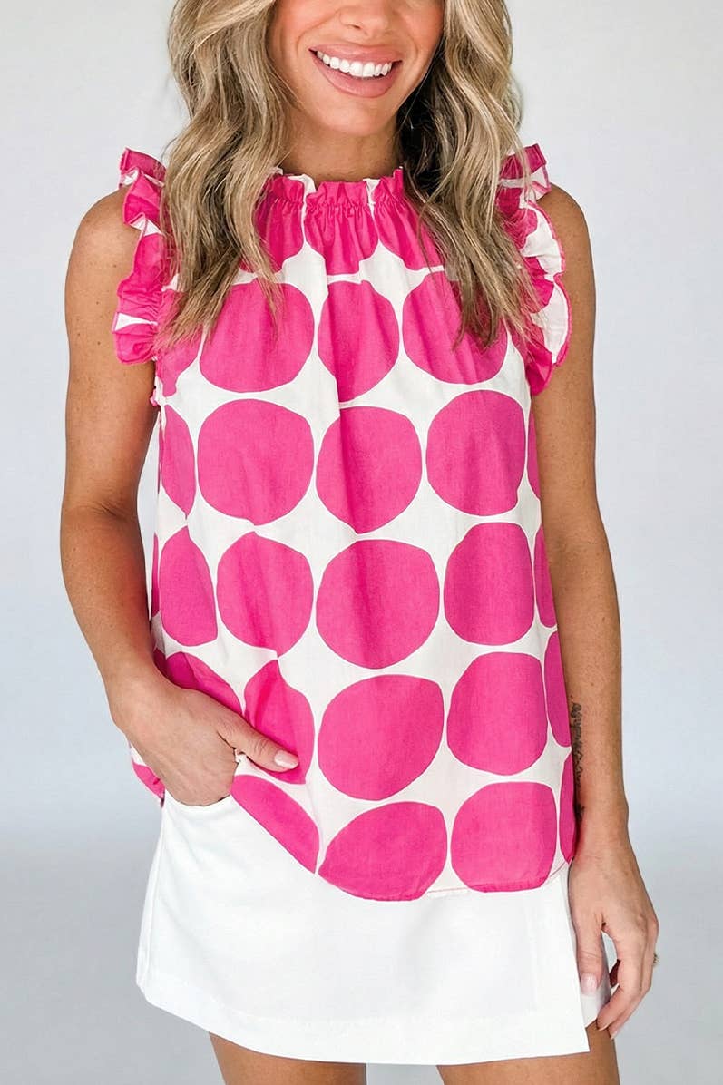 Polka Dot Print Frilled Round Neck Tank Top | S-XL