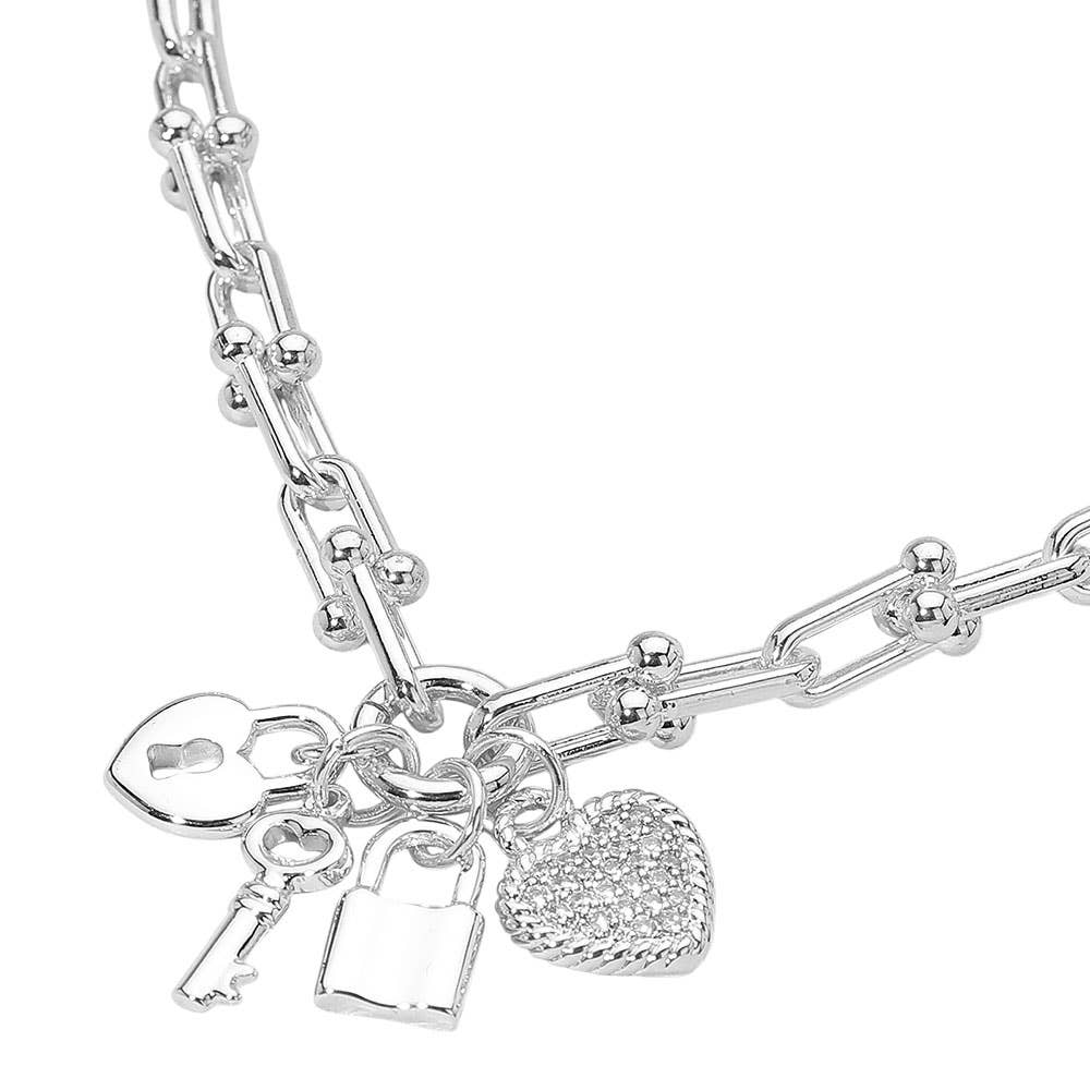 14K Gold Plated CZ Stone Paved Heart Key Lock Charm Industrial Link Chain Necklace