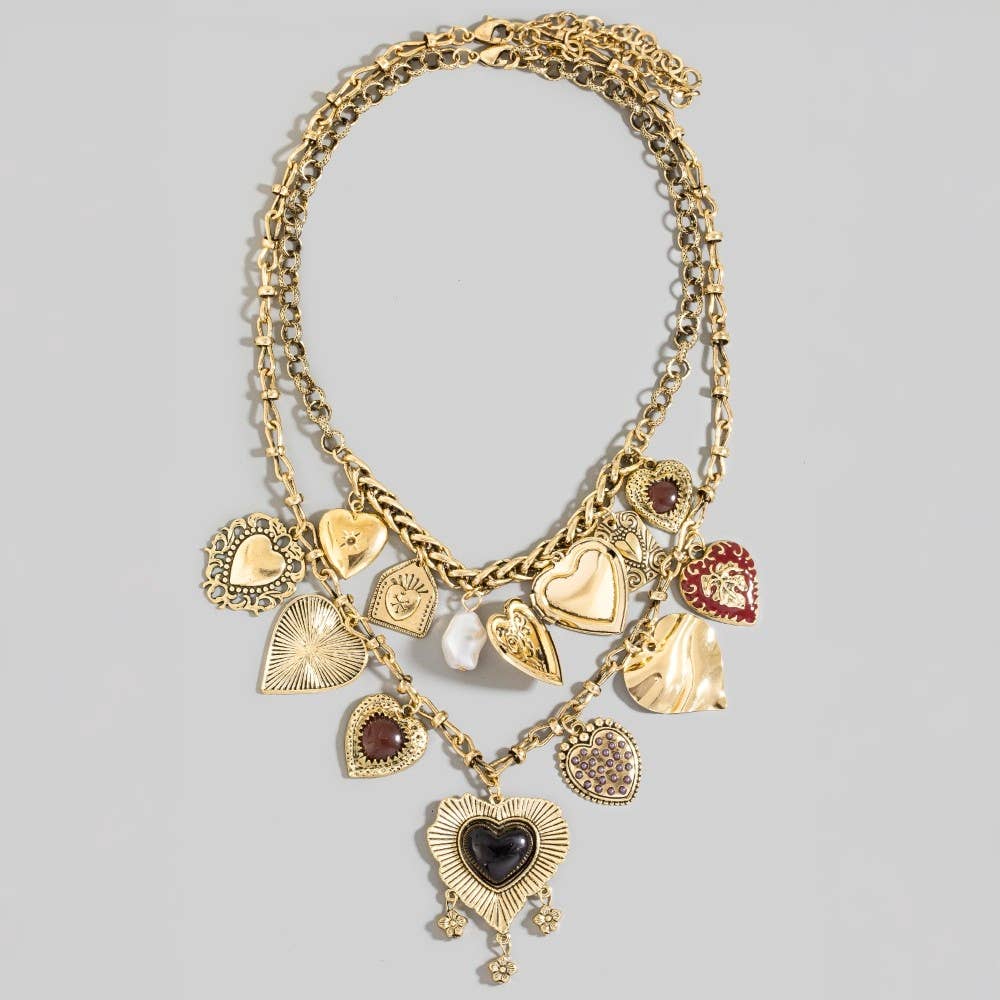 Assorted Pearl And Heart Charms Statement Necklace