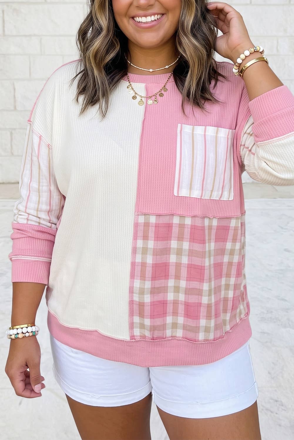 Colorblock Plaid Panel Long Sleeve Plus Size Blouse