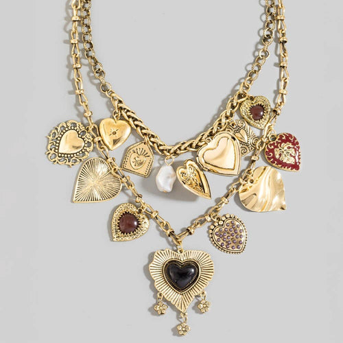 Assorted Pearl And Heart Charms Statement Necklace