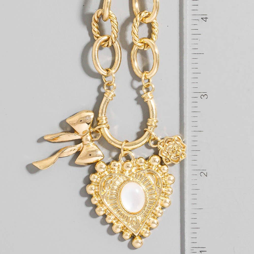 Heart And Ribbon Bow Pendants Chain Necklace
