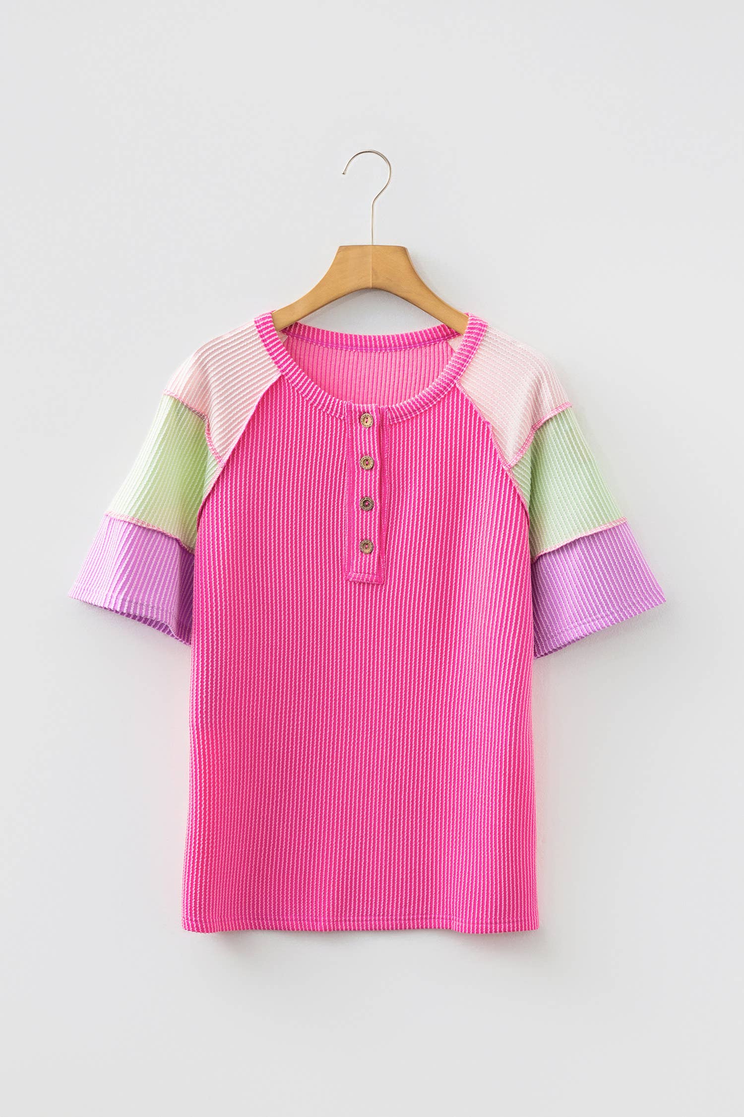 66 Plus Size Twisted Rib Color Block Henley Top (S-4X)