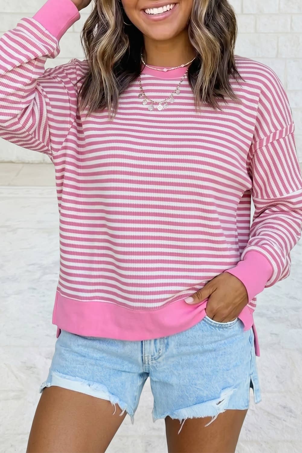 Stripe Contrast Trim Long Sleeve Split Hem Pullover Top